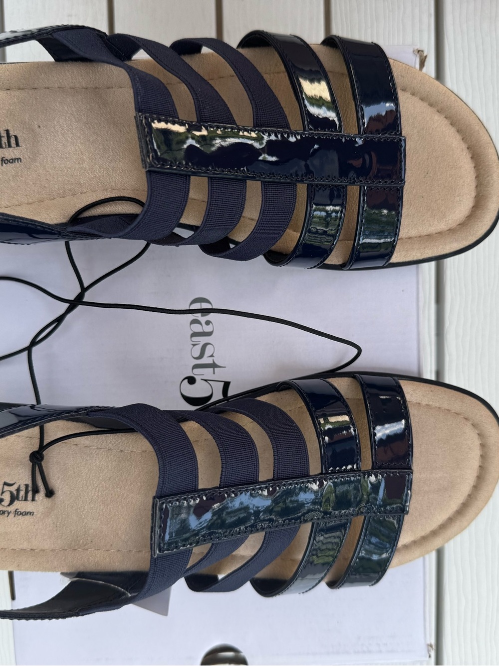 β¨Brand New! βEast 5thβ Navy Strappy Wedge Sandals with Memory Foam. Size 10. - Picture 6 of 8